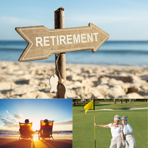 Retirement Arrow - 2 Sunchairs on Beach - 2 Ladies Golfing